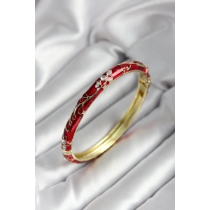 Mineli Pirinç Kırmızı Çiçek Desenli Zirkon Taşlı Gold Renk Kadın Kelepçe