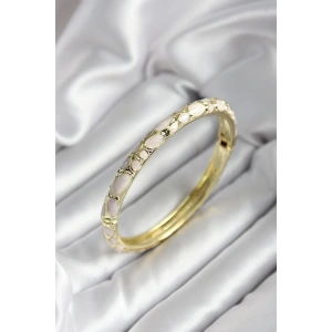 Mineli Pirinç Krem Çiçek Desenli Gold Renk Kadın Kelepçe (çap 60 mm)