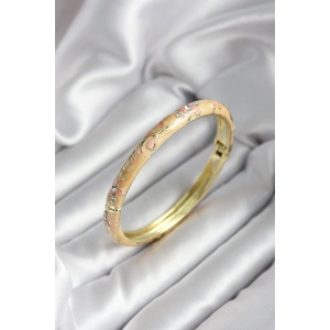 Mineli Pirinç Krem Çiçek Desenli Zirkon Taşlı Gold Renk Kadın Kelepçe (çap 60 mm)
