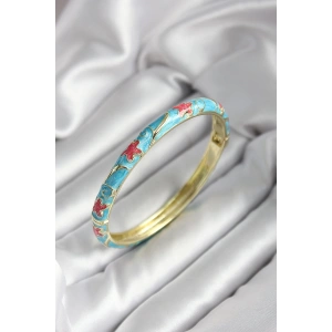 Mineli Pirinç Mavi Çiçek Desenli Gold Renk Kadın Kelepçe (çap 60 mm)