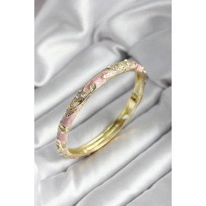 Mineli Pirinç Pembe Çiçek Desenli Gold Renk Kadın Kelepçe