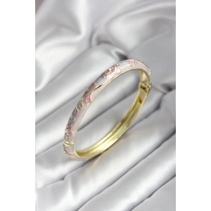 Mineli Pirinç Pembe Çiçek Desenli Gold Renk Kadın Kelepçe
