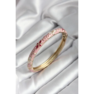 Mineli Pirinç Pembe Çiçek Desenli Gold Renk Kadın Kelepçe