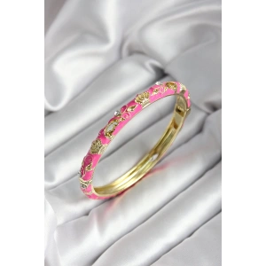 Mineli Pirinç Pembe Çiçek Desenli Gold Renk Kadın Kelepçe