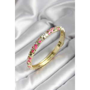 Mineli Pirinç Pembe Çiçek Desenli Gold Renk Kadın Kelepçe