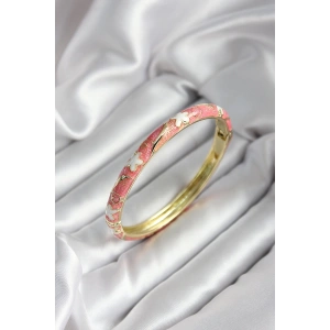Mineli Pirinç Pembe Çiçek Desenli Gold Renk Kadın Kelepçe (çap 60 mm)