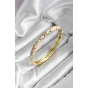 Mineli Pirinç Pembe Çiçek Desenli Zirkon Taşlı Gold Renk Kadın Kelepçe