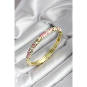 Mineli Pirinç Pembe Çiçek Desenli Zirkon Taşlı Gold Renk Kadın Kelepçe