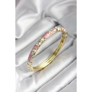 Mineli Pirinç Pembe Çiçek Desenli Zirkon Taşlı Gold Renk Kadın Kelepçe