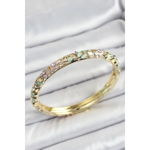 Mineli Pirinç Pembe Yeşil Çiçek Desenli Zirkon Taşlı Kadın Kelepçe