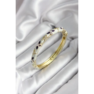 Mineli Pirinç Siyah Çiçek Desenli Zirkon Taşlı Gold Renk Kadın Kelepçe (çap 60 mm)