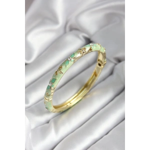 Mineli Pirinç Su Yeşili Çiçek Desenli Zirkon Taşlı Gold Renk Kadın Kelepçe