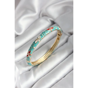 Mineli Pirinç Turkuaz Çiçek Desenli Gold Renk Kadın Kelepçe (çap 60 mm)