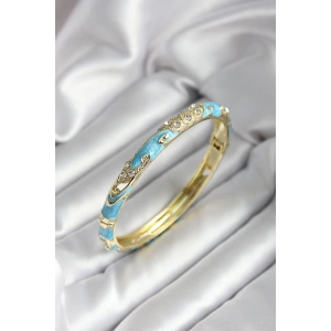 Mineli Pirinç Turkuaz Çiçek Desenli Zirkon Taşlı Gold Renk Kadın Kelepçe