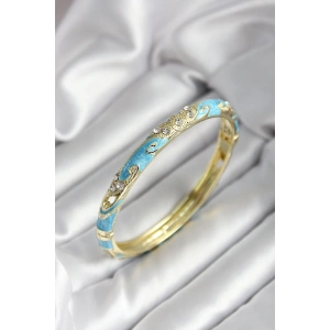 Mineli Pirinç Turkuaz Çiçek Desenli Zirkon Taşlı Gold Renk Kadın Kelepçe