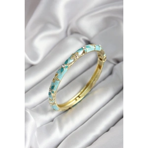 Mineli Pirinç Turkuaz Çiçek Desenli Zirkon Taşlı Gold Renk Kadın Kelepçe (çap 60 mm)