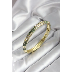 Mineli Pirinç Yeşil Çiçek Desenli Gold Renk Kadın Kelepçe