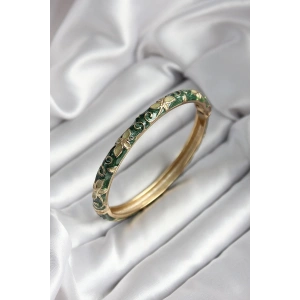 Mineli Pirinç Yeşil Çiçek Desenli Gold Renk Kadın Kelepçe (çap 60 mm)