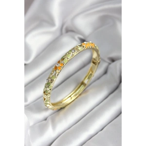 Mineli Pirinç Yeşil Çiçek Desenli Zirkon Taşlı Gold Renk Kadın Kelepçe