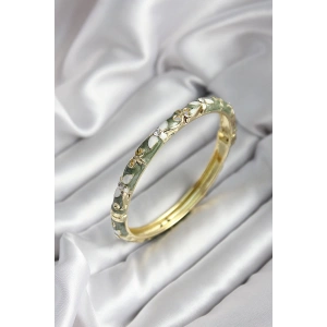 Mineli Pirinç Yeşil Çiçek Desenli Zirkon Taşlı Gold Renk Kadın Kelepçe (çap 60 mm)