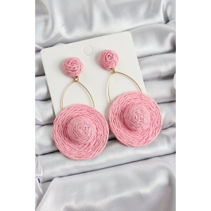 Pembe Şapka Figürlü Hasır Örgü Model Sallantılı Gold Renk Kadın Küpe