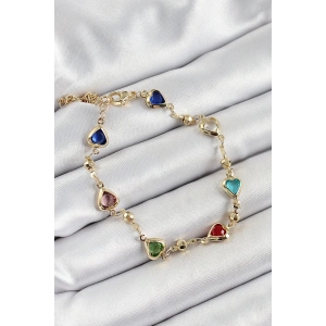 Pirinç Asorti Kalp Model Gold Renk Zirkon Taşlı Kadın Bileklik