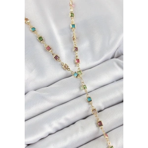 Pirinç Asorti Kare Model Gold Renk Zirkon Taşlı Y Kolye