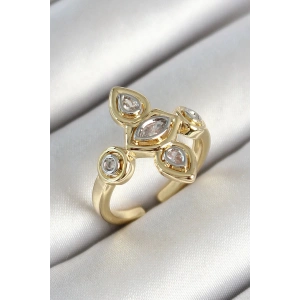 Pirinç Beş Taş Trend Figür Zirkon Taşlı Gold Renk Ayarlanabilir Kadın Yüzük