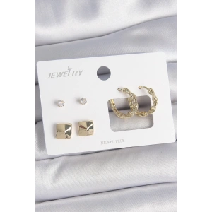 Pirinç Gold Renk Burgu Halka Model Zirkon Taşlı Kare Detay 3 Çift Kadın Küpe Seti