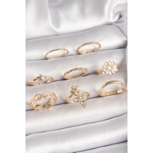 Pirinç Gold Renk Çiçek Model Zirkon Taş Detay Kadın Yüzük Kombini