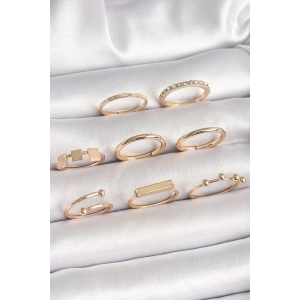 Pirinç Gold Renk Goemetrik Sembol Model Zirkon Taş Detaylı Kadın Yüzük Kombini