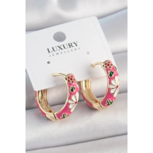 Pirinç Gold Renk Halka Model Pembe Çiçek İşlemeli Kadın Küpe