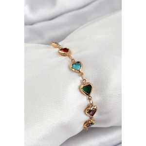 Pirinç Gold Renk Karışık Renk Kalp Zirkon Taşlı Kadın Bileklik