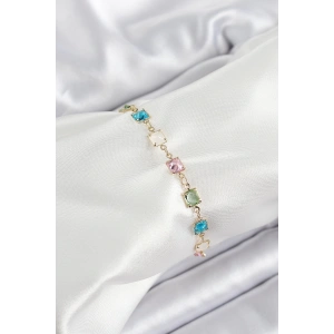 Pirinç Gold Renk Karışık Renk Kare Zirkon Taşlı Kadın Bileklik