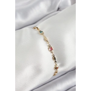 Pirinç Gold Renk Karışık Renkli Kare Zirkon Taşlı Kadın Bileklik