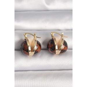 Pirinç Gold Renk Leopar Desen 3D Daire Model Kadın Küpe