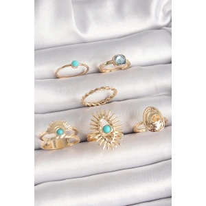 Pirinç Gold Renk Mavi Taşlı Göz Model Kare Zirkon Taşlı Kadın Yüzük Kombini