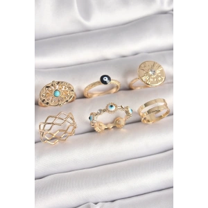 Pirinç Gold Renk Mavi Taşlı Zirkon Taş Detaylı Dalga Model Kadın Yüzük Kombini