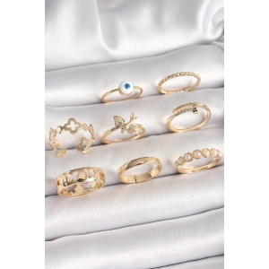 Pirinç Gold Renk Nazar Boncuk Model Kuş Detay Kadın Yüzük Kombini