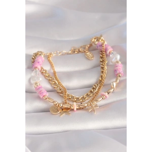 Pirinç Gold Renk Pembe Boncuklu Yıldız Figür Çoklu Kadın Bileklik