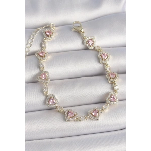 Pirinç Gold Renk Pembe Zirkon Taşlı Kalp Model VIP Seri Kadın Bileklik