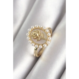Pirinç Gold Renk Portre Gül Model İnci Detay Kadın Yüzük