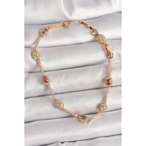 Pirinç Gold Renk Renkli Damla Zirkon Taşlı Kadın Bileklik