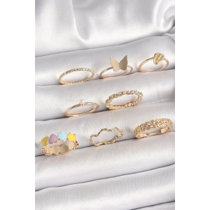 Pirinç Gold Renk Renkli Kalp Model İnci Detay Kadın Yüzük Kombini