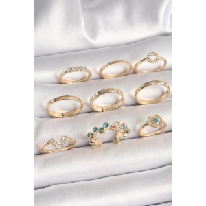 Pirinç Gold Renk Renkli Zirkon Taşlı Kadın Yüzük Kombini