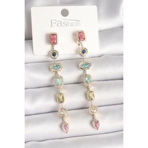 Pirinç Gold Renk Renkli Zirkon Taşlı Sallantı Model Kadın Küpe