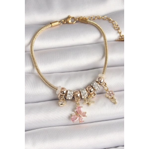 Pirinç Gold Renk Sallantı Pembe Zirkon Taşlı Kelebek Figür Çiçek Detay Charm Kadın Bileklik