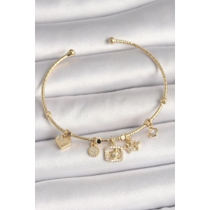 Pirinç Gold Renk Sallantı Zirkon Taşlı Ayıcık Figür Taç Detay Charm Kadın Bileklik
