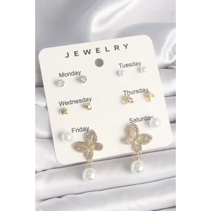 Pirinç Gold Renk Sallantı Zirkon Taşlı Kelebek Figür İnci Detay 7Li Kadın Küpe Seti