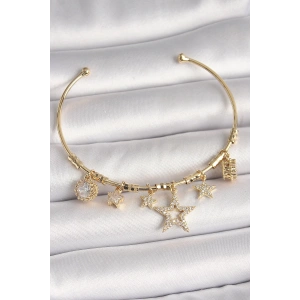 Pirinç Gold Renk Sallantı Zirkon Taşlı Yıldız Model Kalp Detay Charm Kadın Bileklik